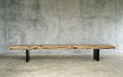 17 LONG LOW CONSOLE / BENCH IN LITCHIE WOOD AND BLACK IRON LEGS